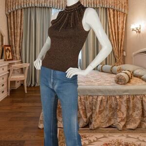 Cache Bronze Beaded Knit Top Retro Sparkle Chic S